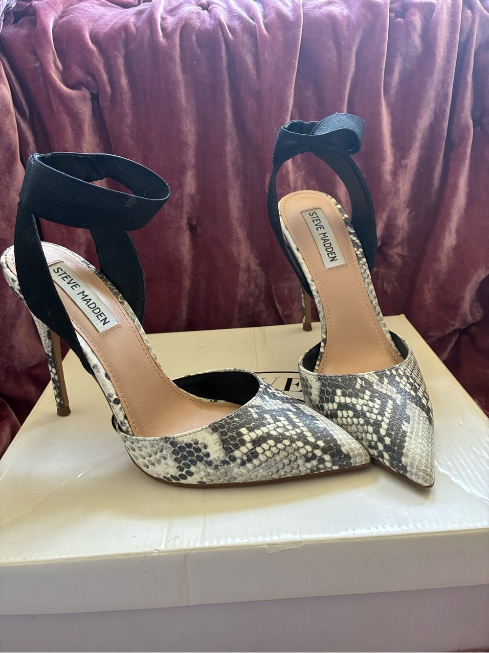 Steve Madden Black and White Snake-Print Pointed Ankle-Strap Heels